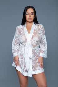 2275 Delia Robe Floral Lace Robe with Satin Trimming (Color: White, size: 2X)