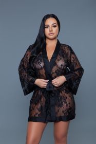 2275 Delia Robe Floral Lace Robe with Satin Trimming (Color: Black, size: 1X)